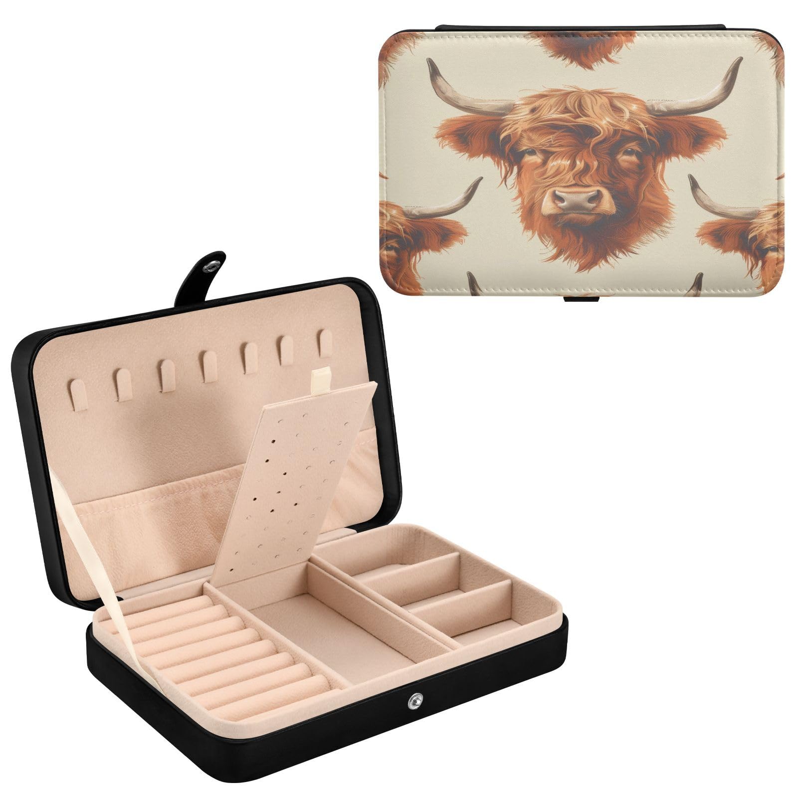 Haskirky Highland Cow Jewelry Box Portable PU Leather Travel Jewelry Organize for Women Jewelry Storage Display Holder for Ring, Necklace, Earring