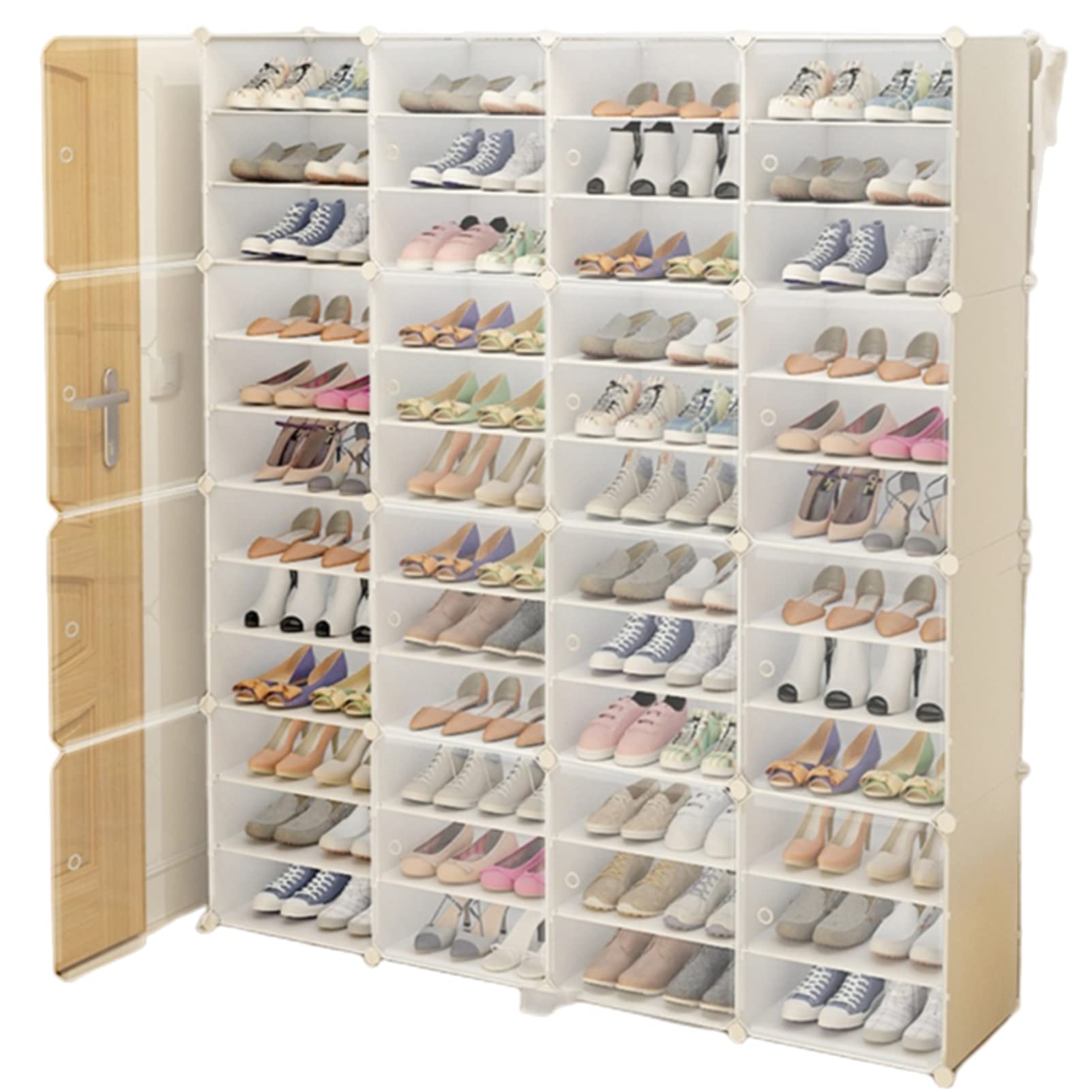 Sneaker Shoe Organizer, 12Tiers x 4 Rows DIY Narrow Stackable Freestanding Shoe Organizer, Transparent Shoe Box for Sneakers, Flats - Free Removalble Partition to Fit High Boots (Height 65.7