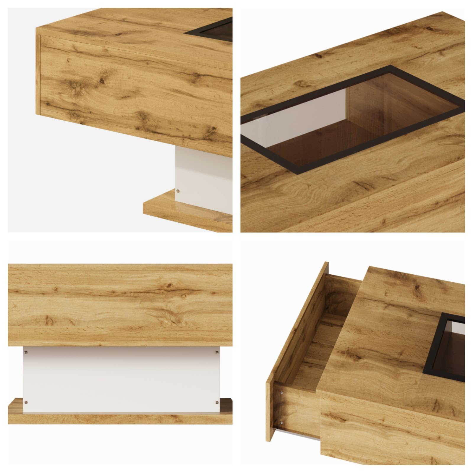 KOMHTOM Table Basse avec LED Table Basse Coffre avec 2 tiroirs et 1 Compartiment de Rangement Ouvert, Table d'appoint avec Plateau en Verre Meubles de Salon Modernes (A)