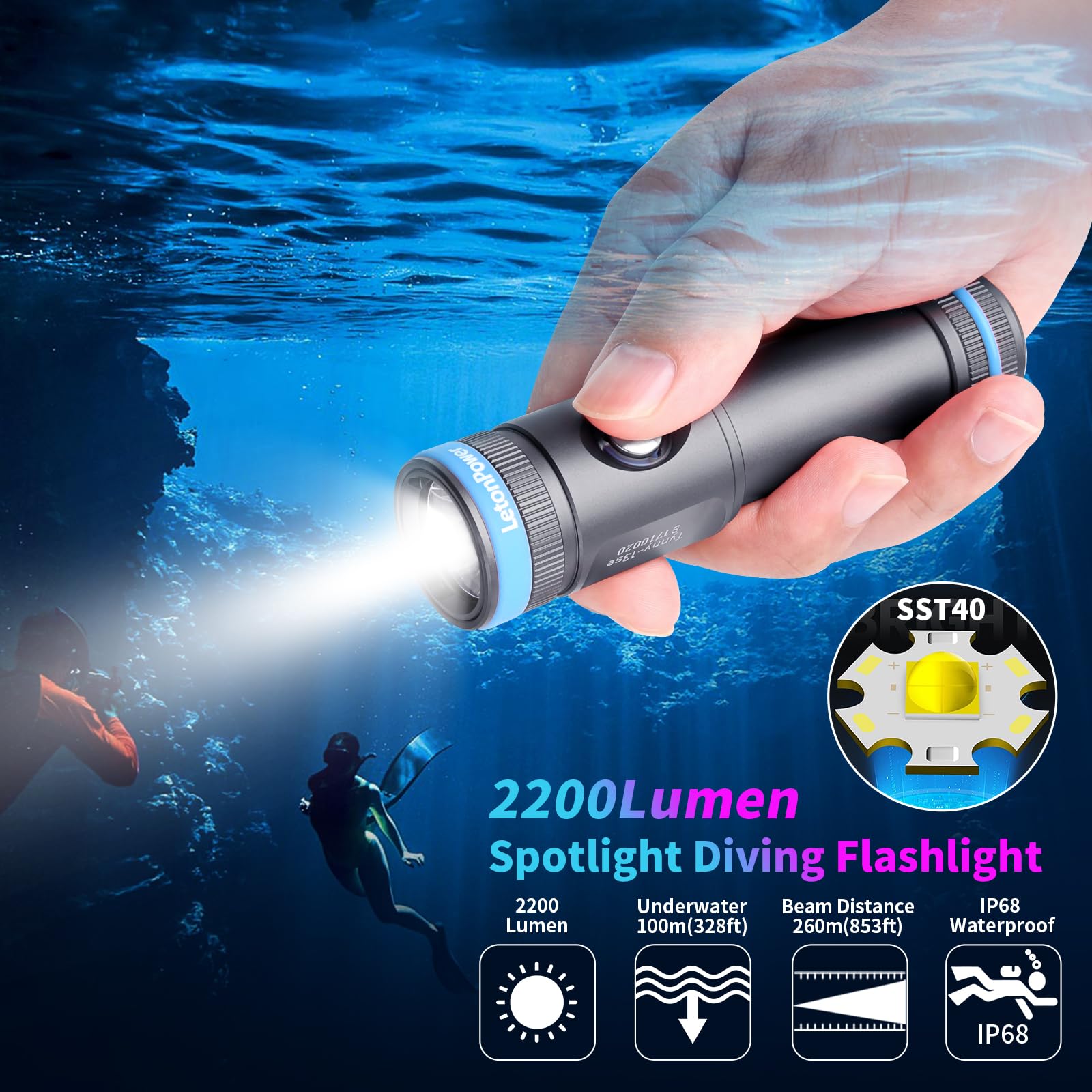 Torcia Subacquea 2200 Lumen, 8° Spot, IP68 100m, Ricarica USB-C, Grigio
