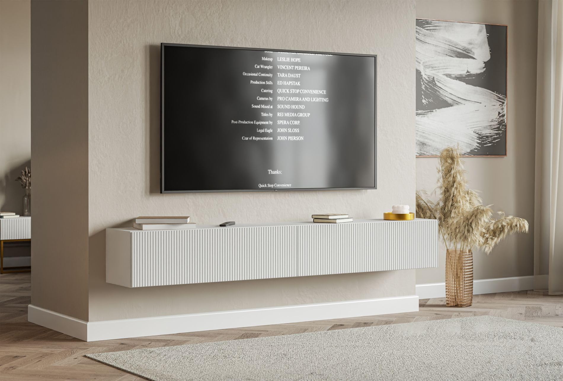 Selsey Meuble TV Suspendu 200 cm Blanc Mat Design Moderne – Rangement à 4 Compartiments Façade Rainurée Idéal Déco Élégante et Contemporaine Salon/Chambre Panneau Laminé/MDF Solide