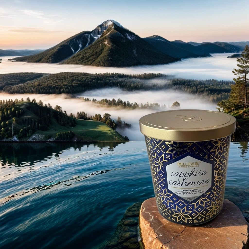 Bellevue Luxury Candles, 12 OZ Fragranced Candle, Soy Blend Wax, Essential Oils, Long-Lasting Burn, Home Fragrances, Aromatherapy Home Scented Candles Scent Sapphire Cashmere Pack of 2