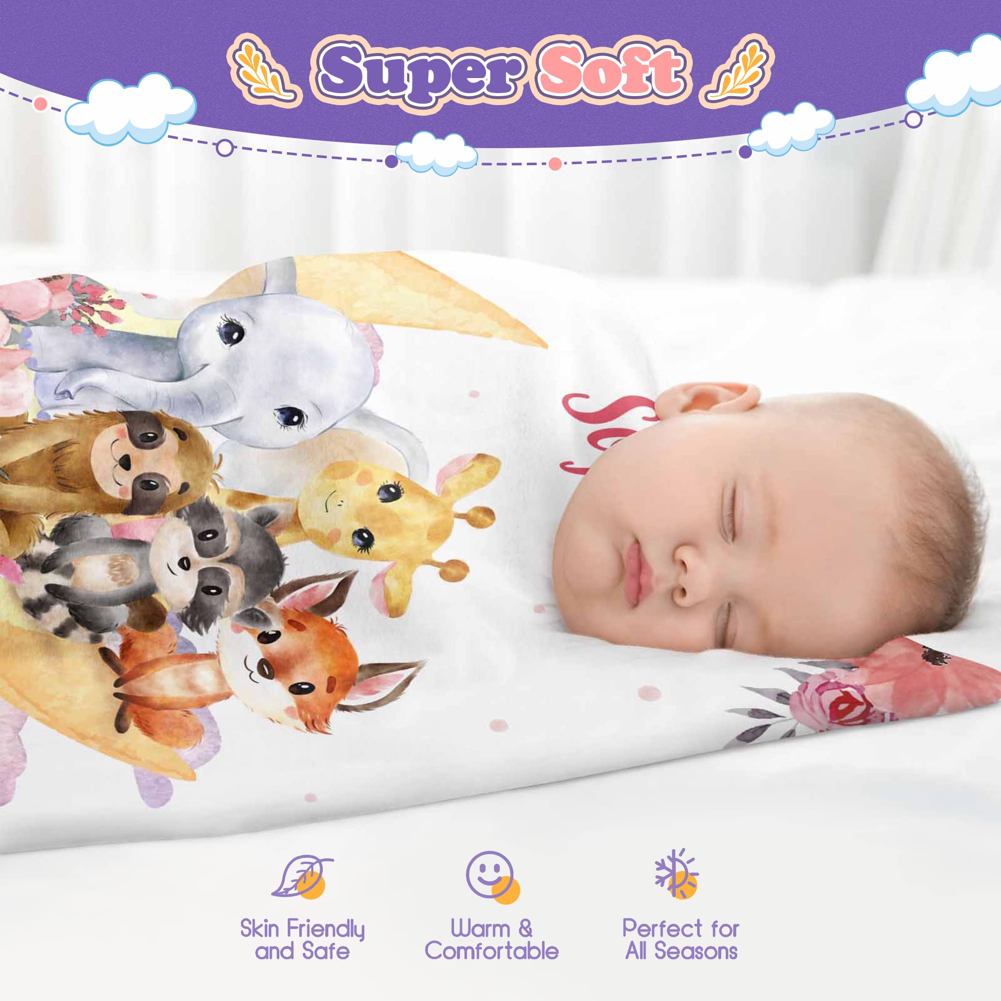 ABERPOR Personalized Baby Blankets For Girls,Soft Animals Customized Baby Blanket For Kids,Personalized Newborn Baby Gifts And Toddler Blanket,Adults Personalized Flannel Blankets With Name