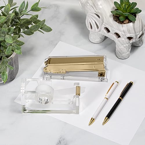 Miniatura 9 de Staple & Stick Diseñador de suministros de oficina, grapadora acrílica Lucite Gold y dispensador de cinta, elegante dispensador de cinta dorada y