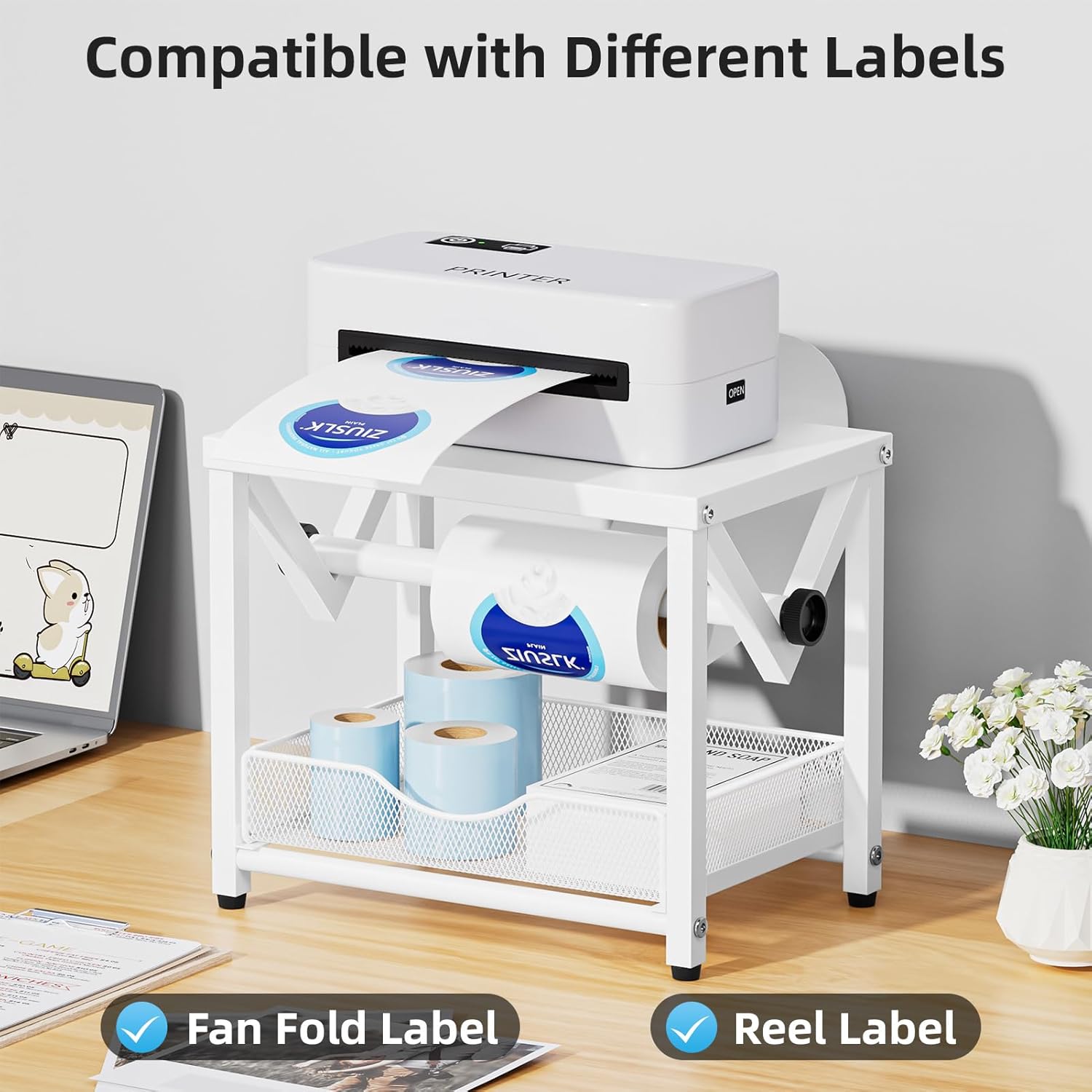 Marbrasse Label Holder for Rolls and Fanfold Labels, Metal Thermal Label Printer Holder with Drawer, Shipping Label Stand, Sticker Roll Holder for Home, Office, Small Business,White - Image 4