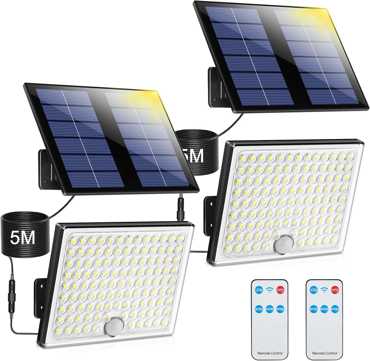 Realky Solar Security Light Outdoor, IP65 Waterproof Wall-Mounted Flood Light with PIR Motion Sensor, 3 Modes Split Solar Wall Light for Yard, Garage,Shed-2PCS