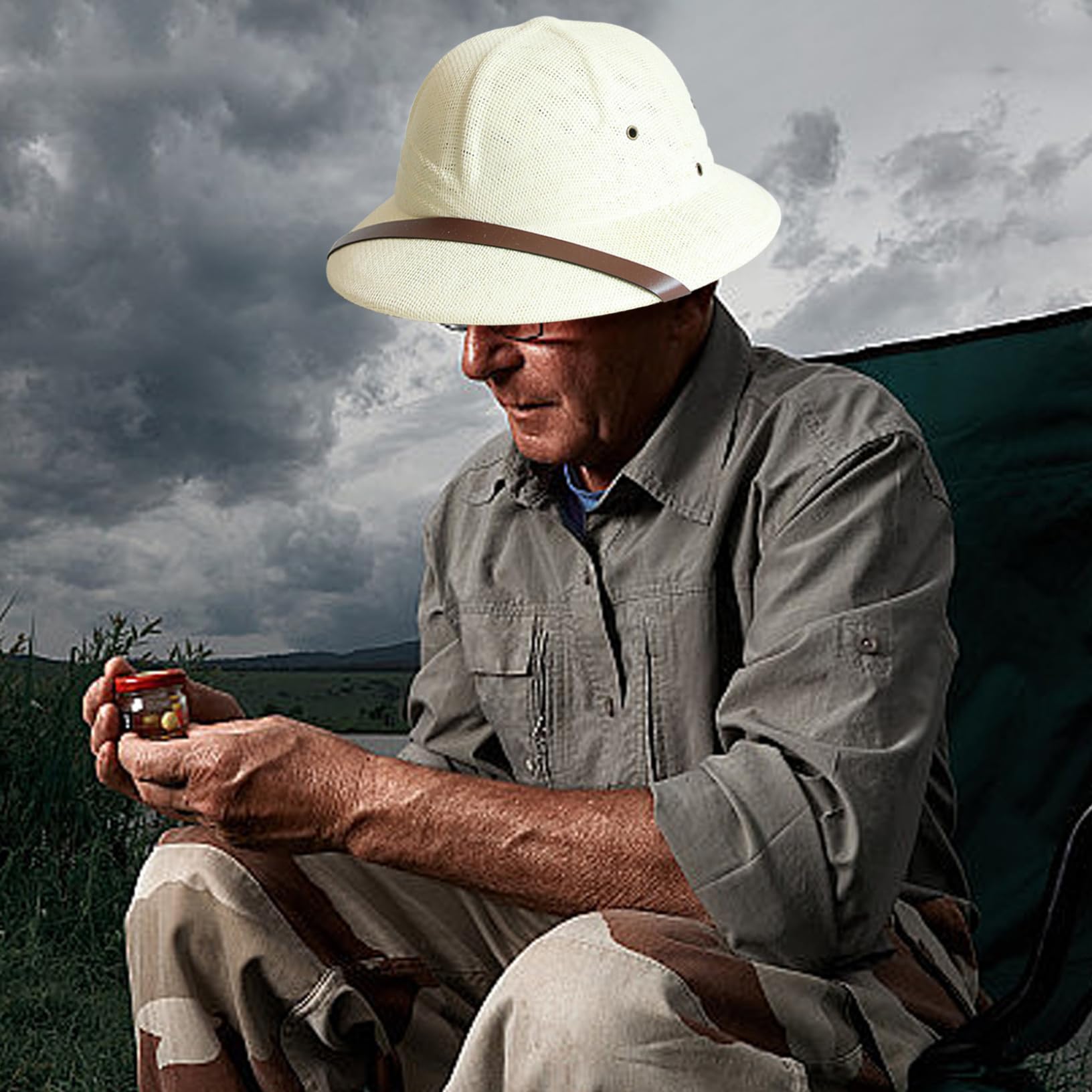 Casco da pith, cappello di paglia da uomo a tesa larga con decorazione con cintura, cappello da sole in tessuto traspirante con sottogola regolabile, per minatore all'aperto per costume da
