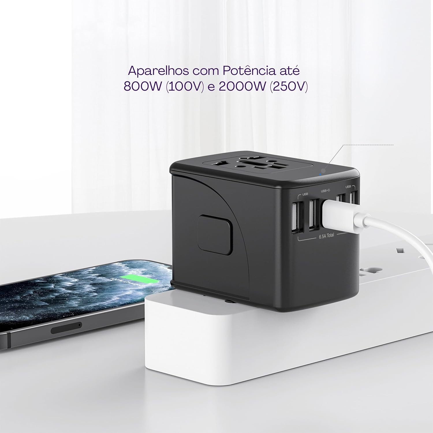 Geonav Carregador Universal com Adaptadores de Viagem, 4 Portas USB + 1 USB-C (Preto)