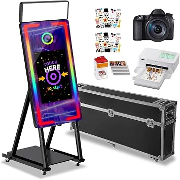 Magic Mirror Photo Booth with Camera and Printer, 40-22in Interactive Touch Screen Mirror Photo Booth with Flight Case,RGB Lights Instant Print and Sharing for Party ChristmasBlack