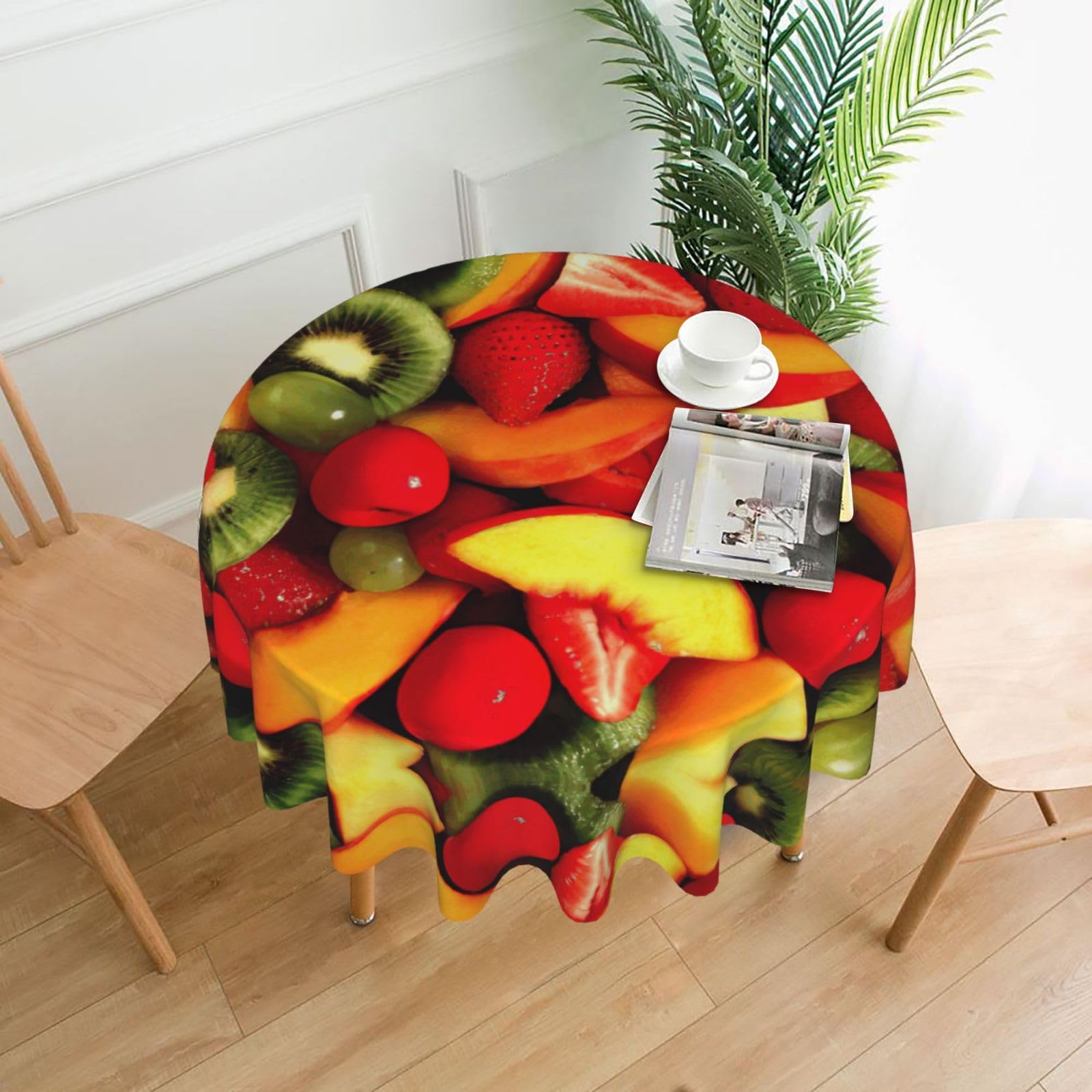 Zcmkjlg Fresh Fruits and Vegetables Print Quick Ship Round Tablecloth 60in Polyester Washable Cover for Dining Room