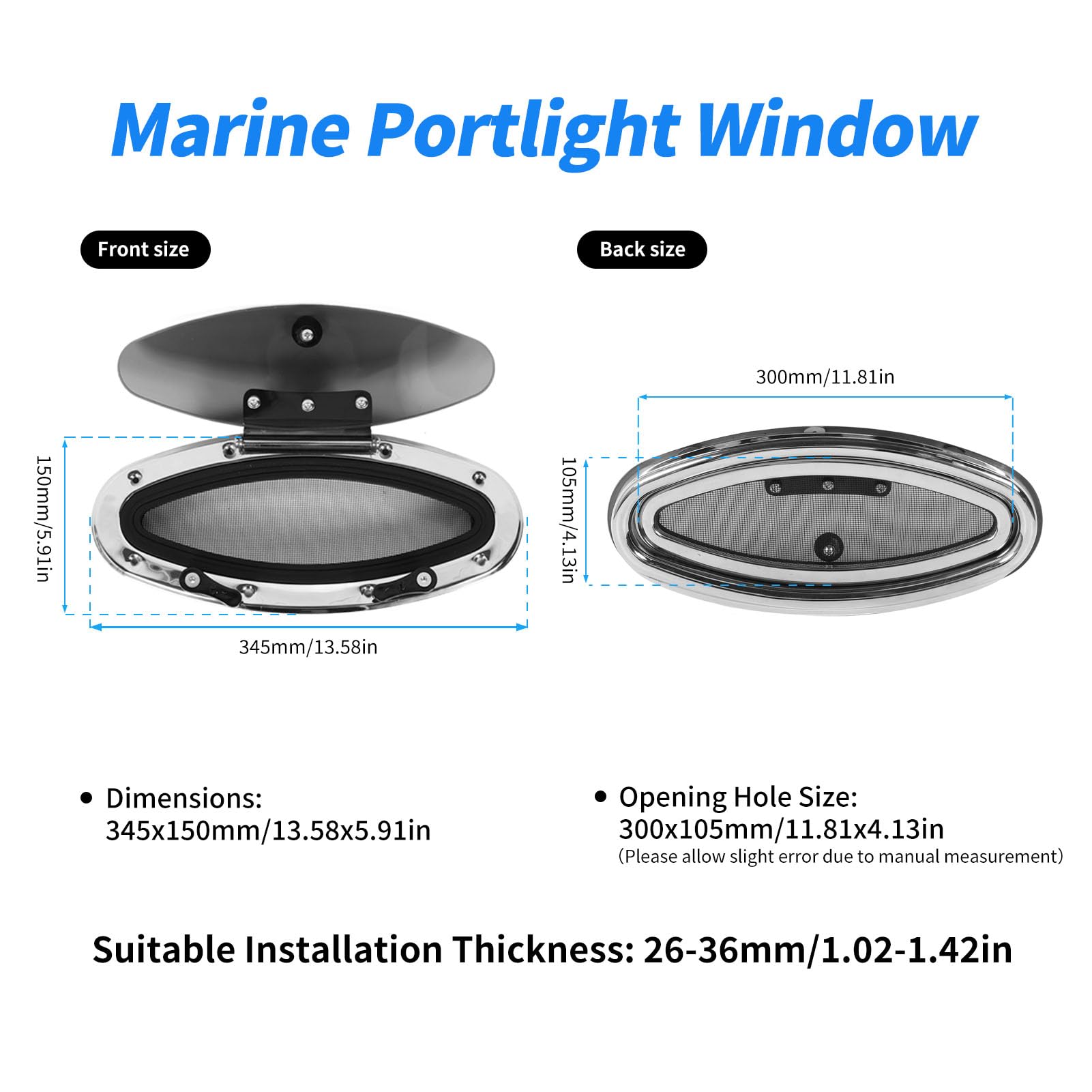 Oblò per Barche Marine da 300 X 105 Mm con Maniglia per Interruttore - Vetro Temperato, Resistente Ai Raggi UV, Impermeabile Yacht e
