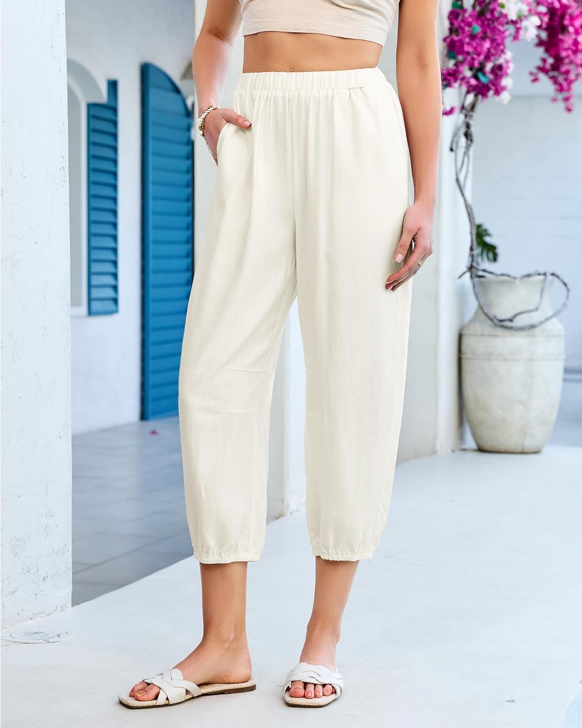 GRAPENT Capri Pants for Women Linen Barrel High Waisted Pull On Elastic Waist Casual Summer Capris Beach Vacation Pants - Image 2