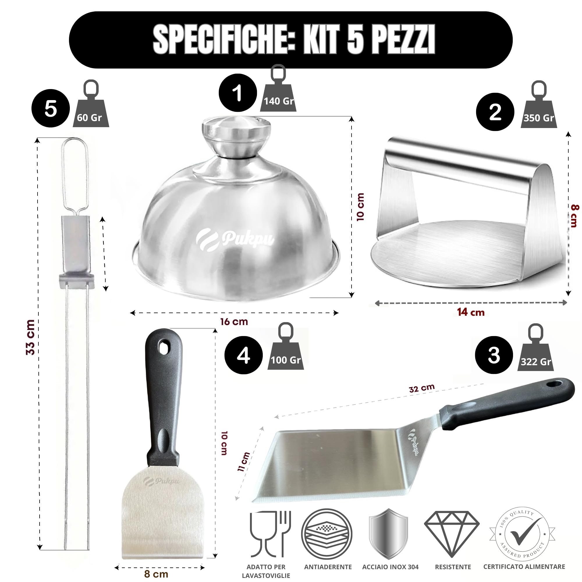 Kit Smash Burger 6 Pezzi Nero – Pressa Hamburger, 2 Spatole Inox, 2 Cloche per Formaggio e Spiedino