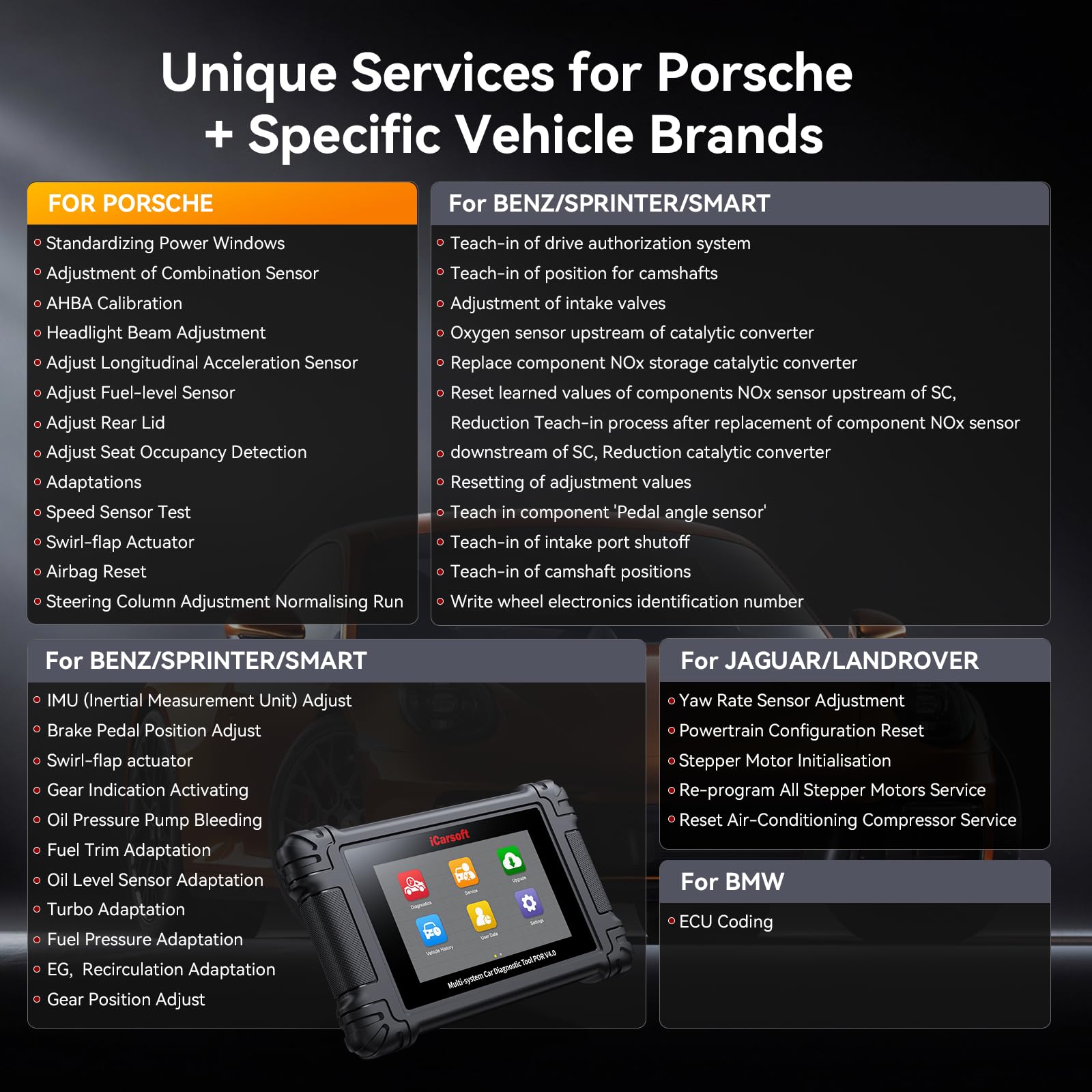 iCarsoft Professioneller Diagnosescanner für Porsche, POR V4.0 Vollsysteme Bidirektionales Werkzeug + 2 zusätzliche Markenpakete, 27+12 Services, Auto-VIN, Batterieregistrierung, lebenslanges