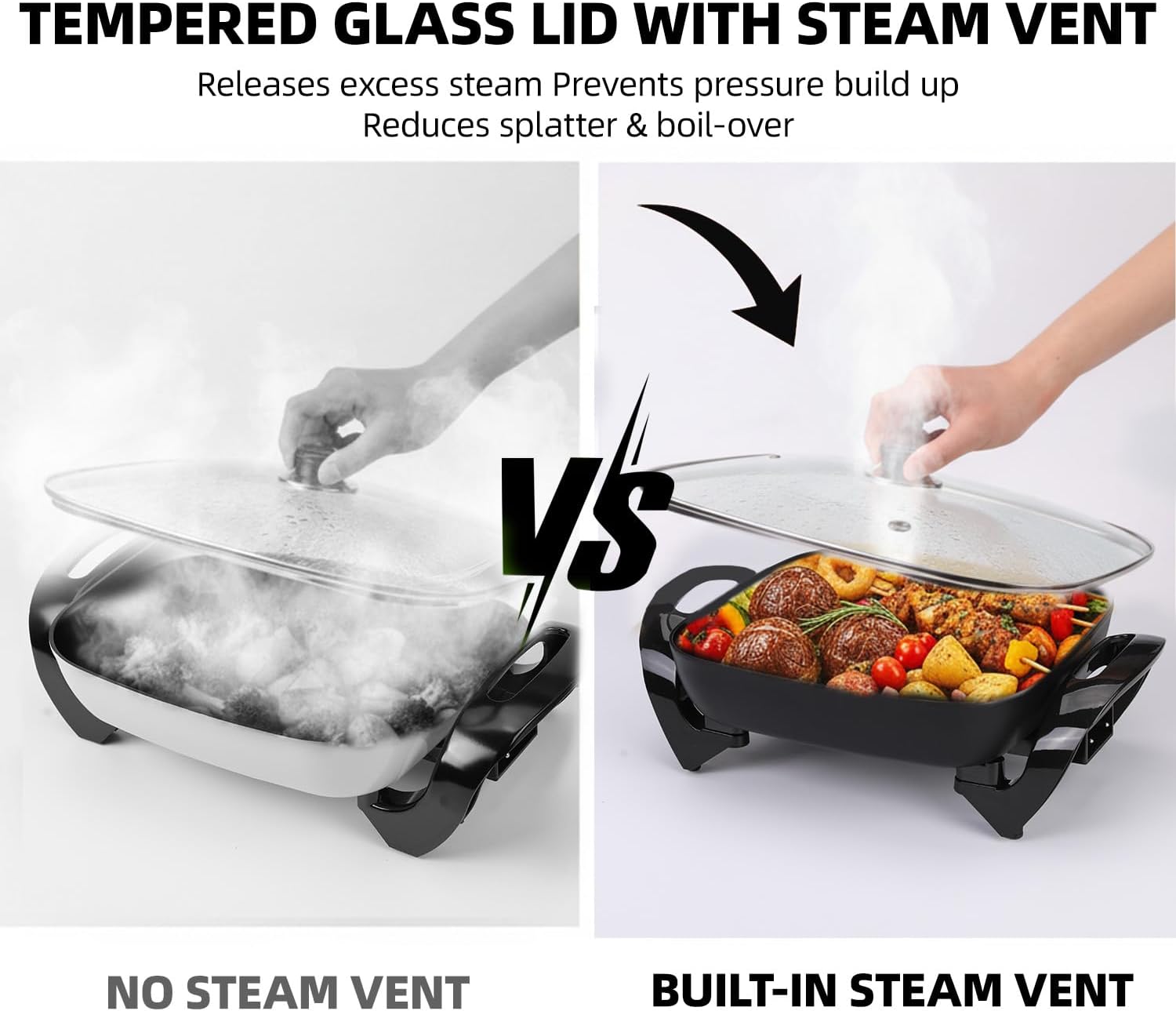 12" Ceramic Nonstick Electric Skillet with Tempered Vented Glass Lid, Scratch-Resistant Surface, Cool-Touch Handles, Removable Easy-to-Clean Design, 1200W, Sleek Black