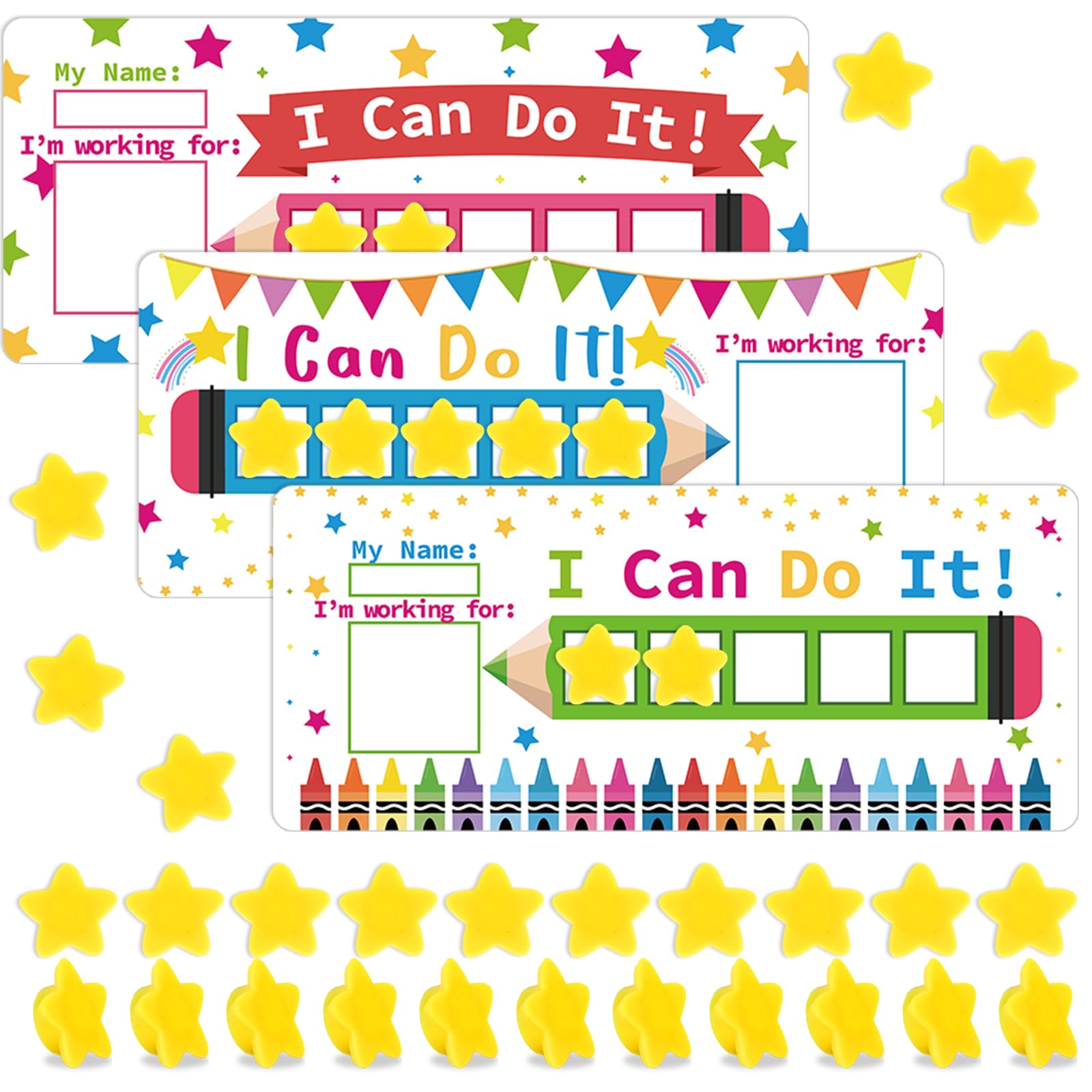 3 Sets Magnetic Rewards Chart for Kids I Can Do It Token Board Pencil Themed Behavior Chart at Home Positive Star and Customization Goal Box