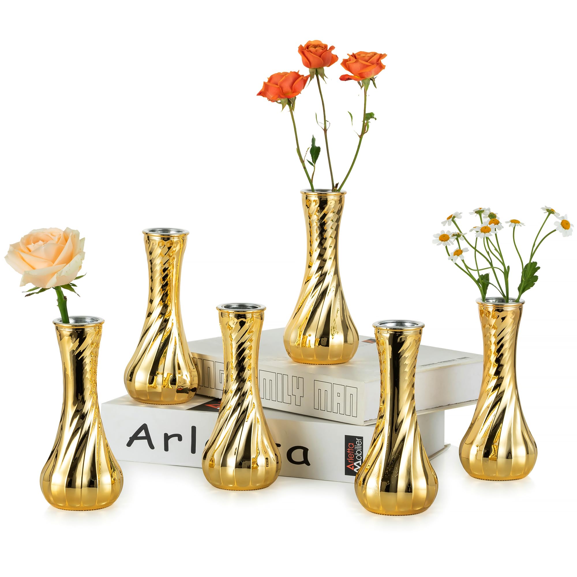 NUPTIO Glass Bud Vase Gold: 6 Pcs Small Flower Vases for Wedding Party Table Centrepiece - Vintage Ribbed Vase for Home Birthday Reception Decorations