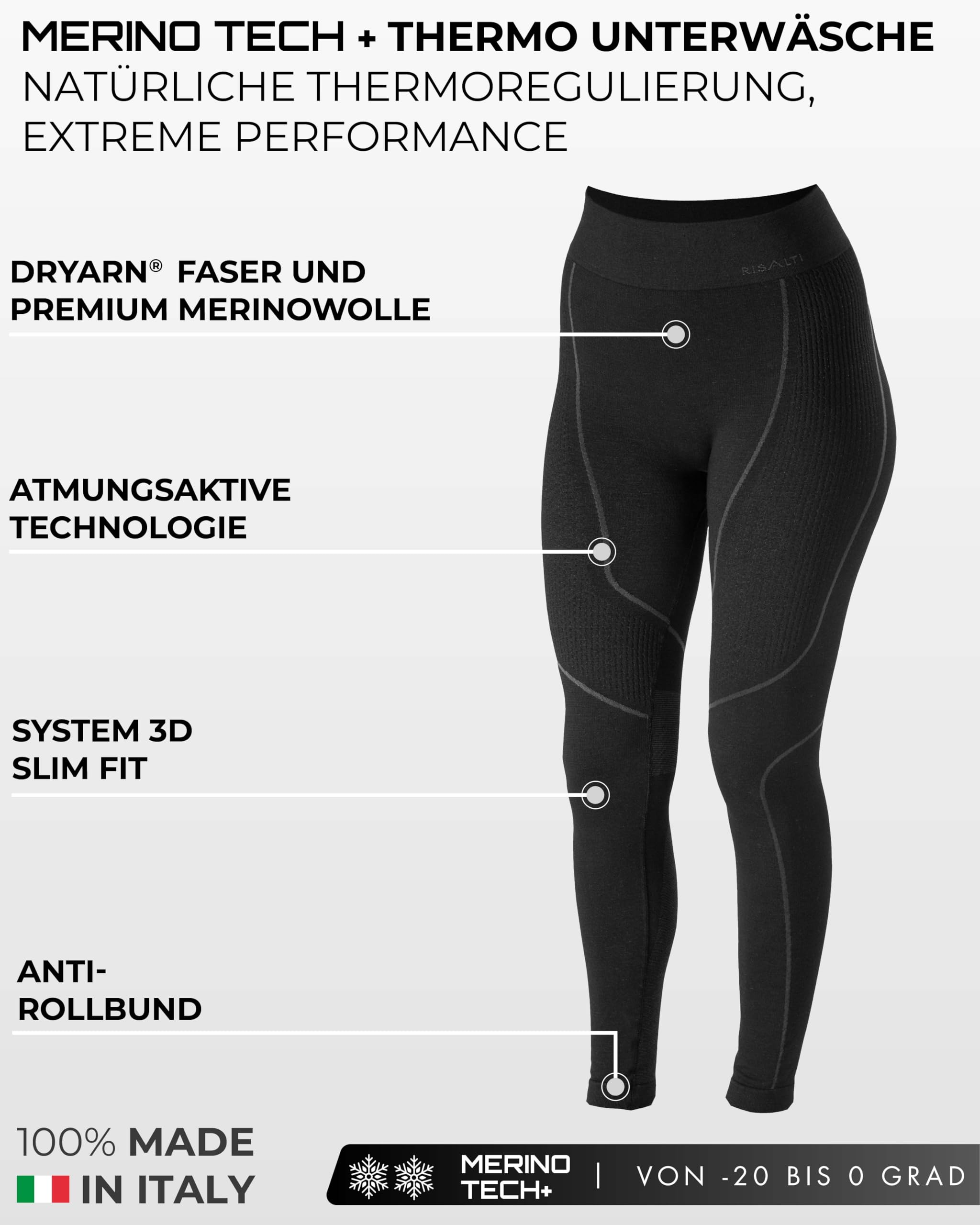 Risalti Thermounterwäsche Damen Merino Tech – Thermoshirt Damen Langarm Und Thermounterhose aus Premium Merinowolle und Dryarn, Extrem Funktionsunterwäsche, Winter, Ski, Wandern – Made In Italy