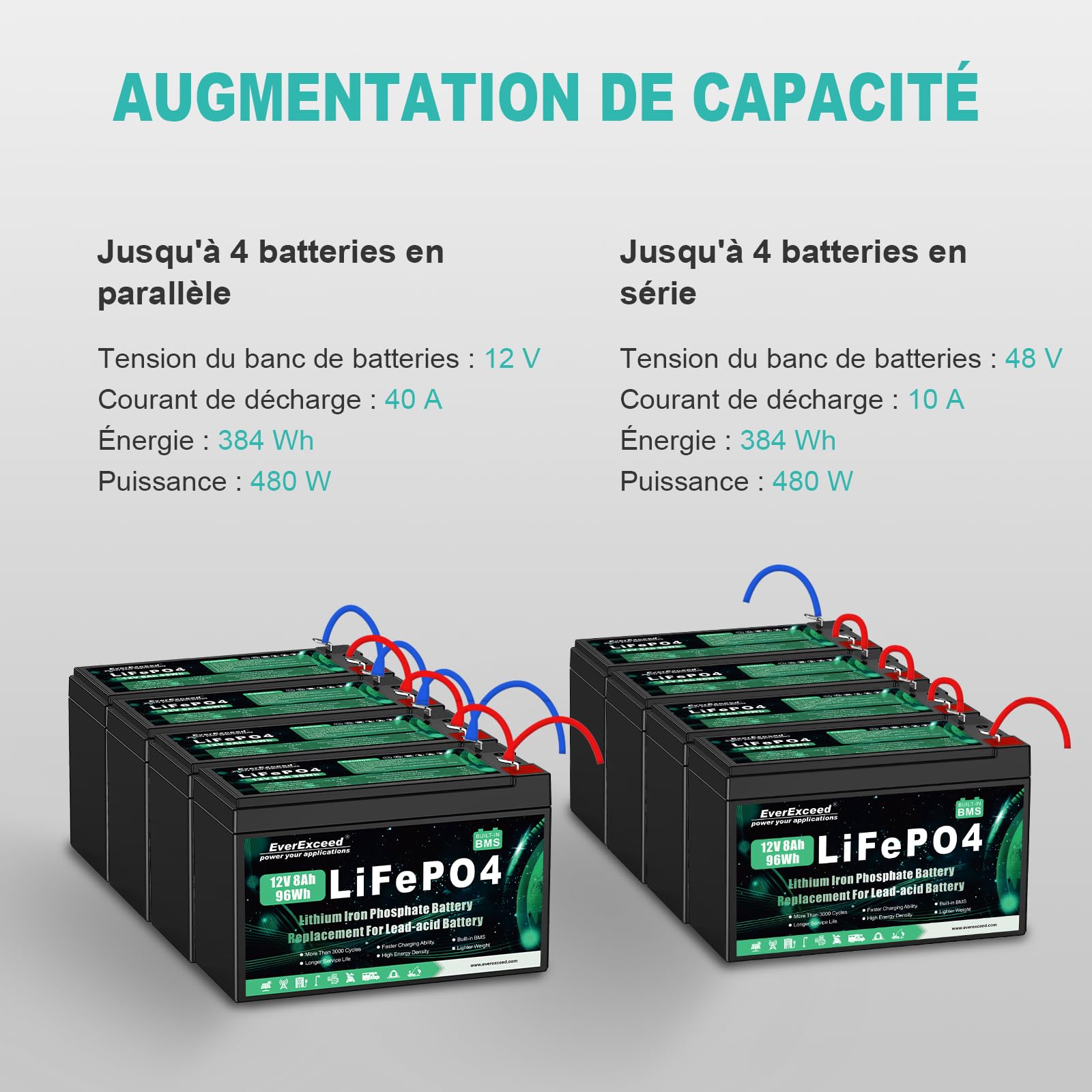 Batterie Lifepo4 12V 8Ah Batterie lithium 12V à plus de 3 000 cycles profonds pour énergie solaire/éolienne, éclairage, sondeurs de pêche, Power Wheels et plus encore, BMS 10A intégré
