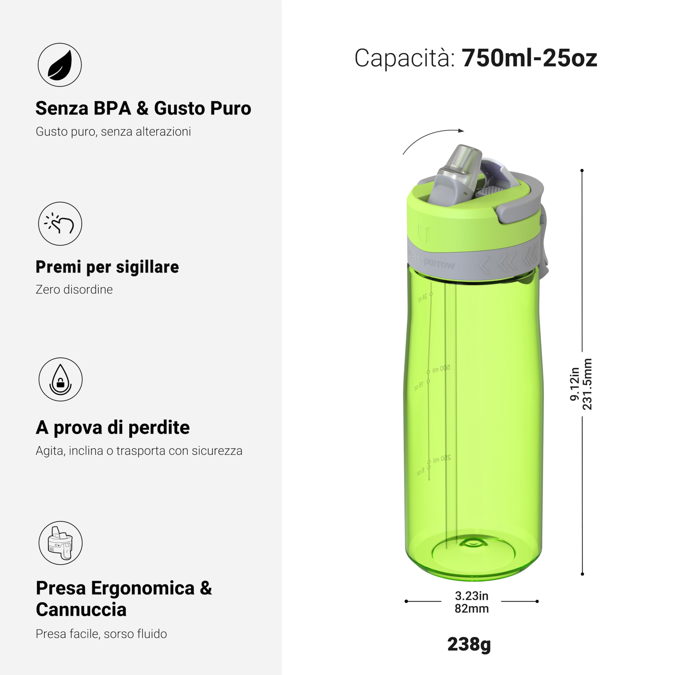 Sparrow Borraccia - 500ml, 750ml, 1L - TouchFlow Bottiglia Senza BPA - Senza Perdite Borraccia Cannuccia - Borracce Sportiva Flusso Rapido Con Un Clic per Scuola, All'aperto