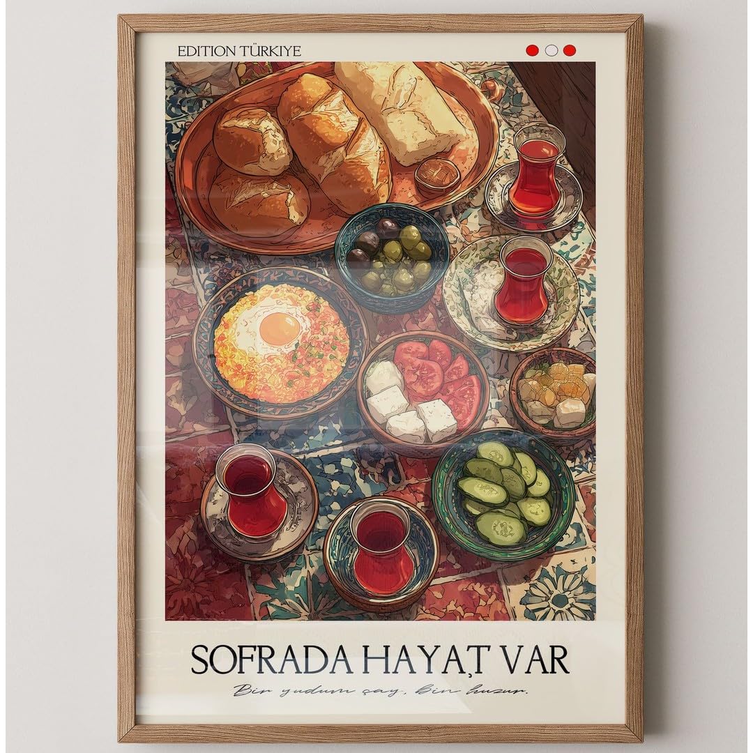 MJ-GRAPHICS® Poster Frühstück Wandbild türkei Farbenfrohes Kunstdruck traditionell Deko lebendig Küche orientalischer Stil Bild Frühstückstisch maximiere Genuss A2 mit weißem Rahmen