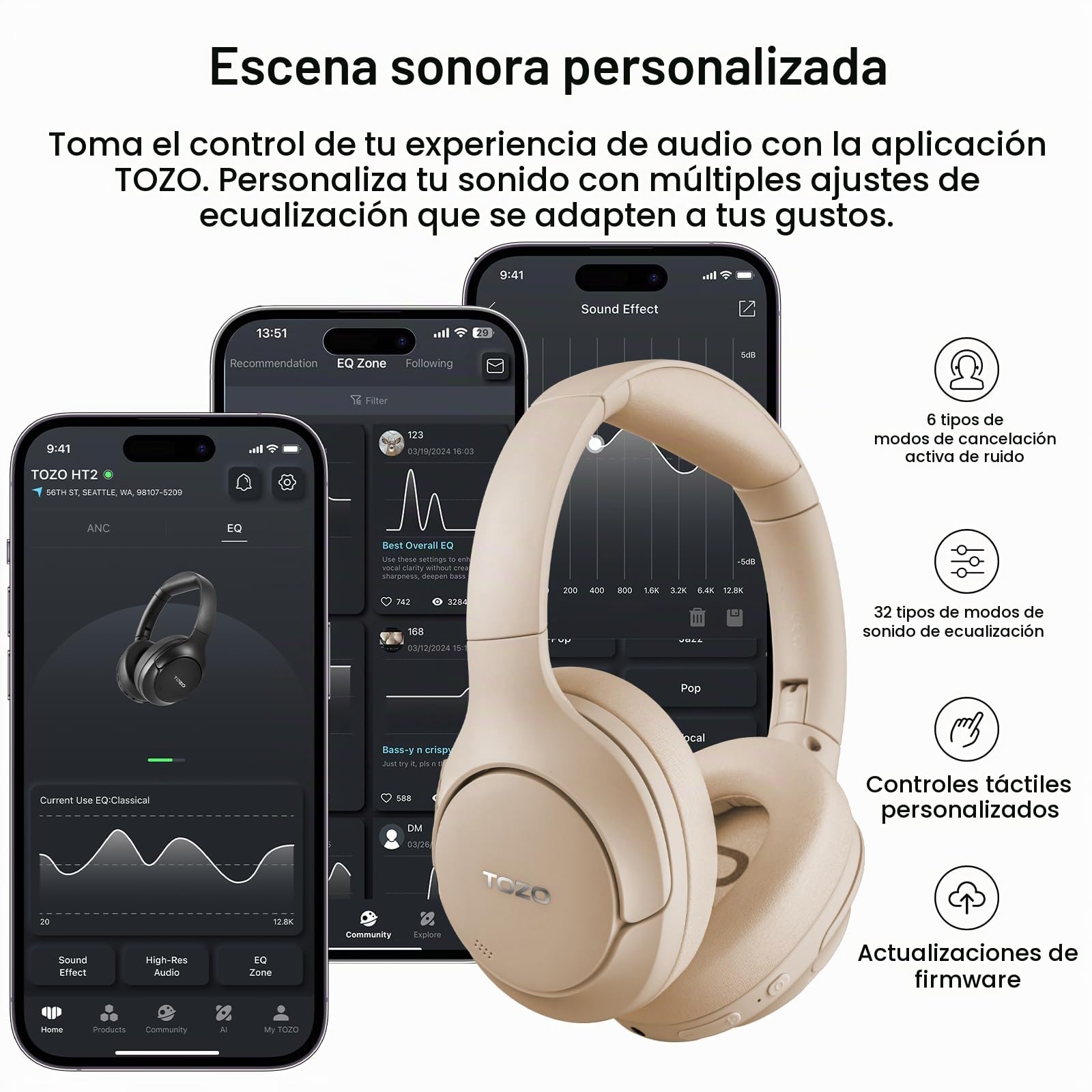 TOZO HT2 Cascos Inalámbricos Bluetooth ANC Híbrida y 60H Reproducción | ORIGX Sonido premium, 32 EQs con TOZO App, llamadas ENC nítidas, diadema ajustable, plegable portátil, conexión 3.5mm y USB-C