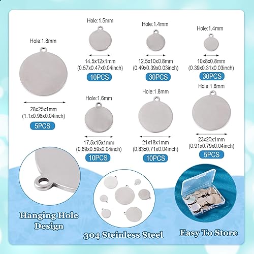 Vista 87 de Pandahall - 60 unidades de etiquetas colgantes de acero inoxidable redondo plano de 3/5 a 1-1/5 pulgadas para fabricación de joyas