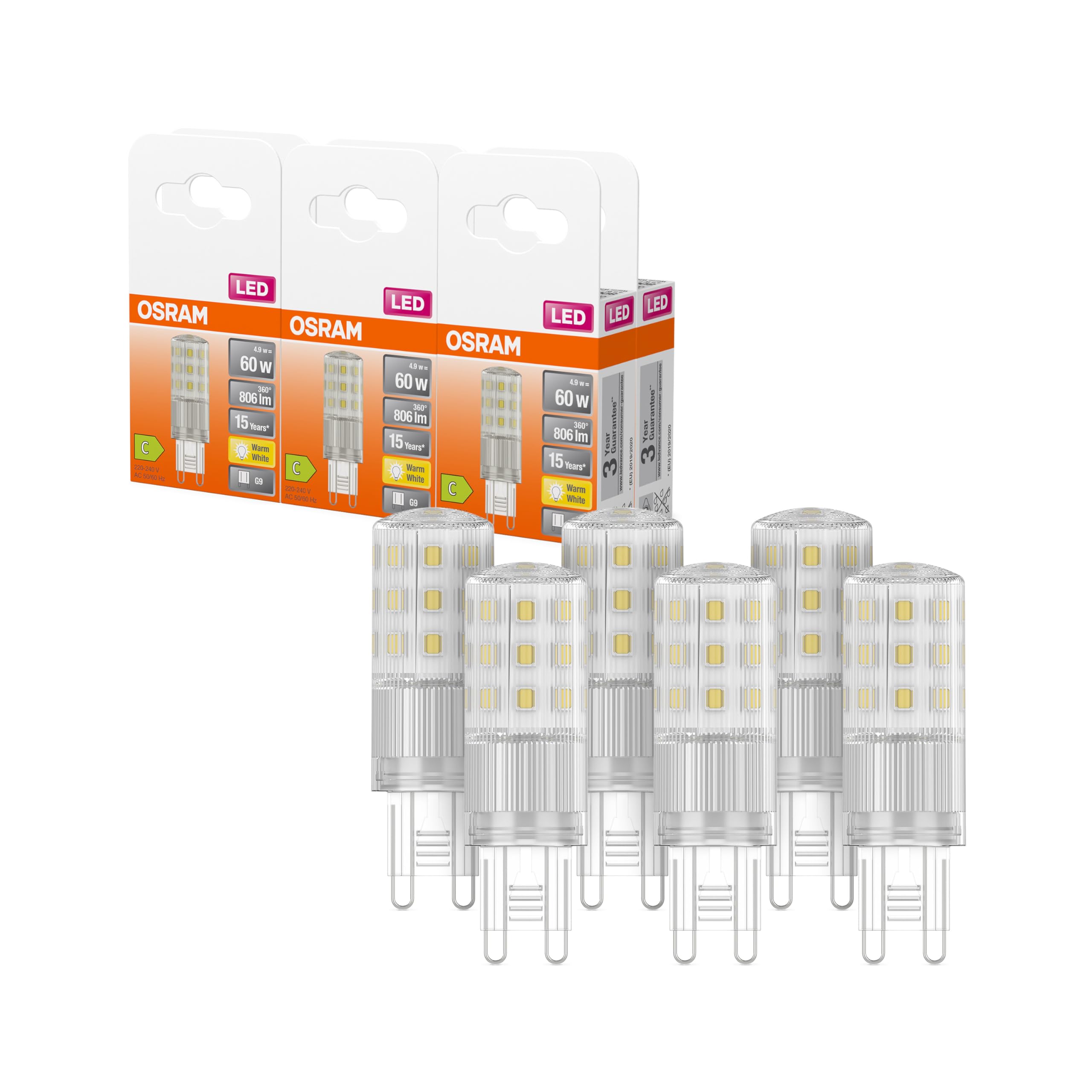 Osram LED PIN multicolor LED-Lampe mit Retrofit-Stecksockel G9, 4.9 W / 806 lm, klar, warmweißes Licht mit 2700 K, nicht-dimmbar, IP20, bleifreies Glas, 18 mm Durchmesser.
