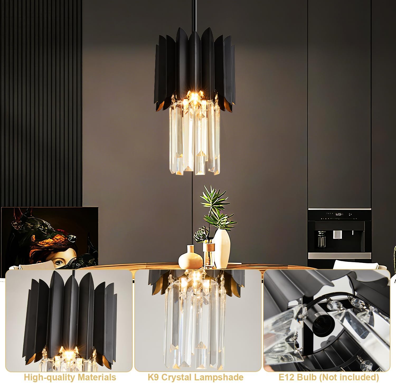 1-Light Modern Semi Flush Mount Ceiling Pendant Light Fixture, Round Pendant Lights Kitchen Island, Black Crystal Chandelier for Living Room Bedroom Hallway Entryway
