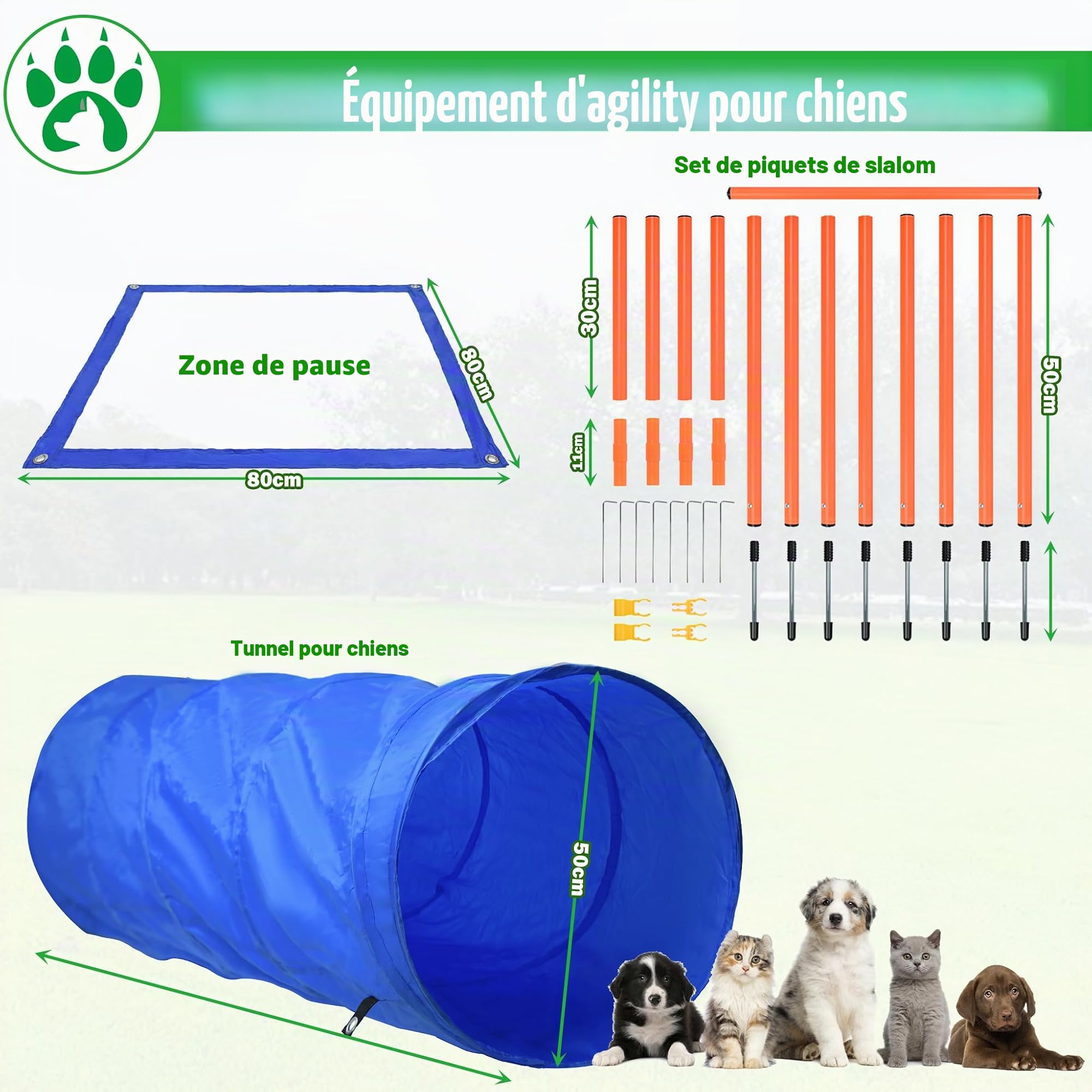SUBTLETY Équipement d'agility pour Chiens de Grande Taille et de Petite Taille Parcours avec Tunnel, Obstacles, Barres de Slalom, Anneau de Saut, Champ de Pause et Sac de Transport
