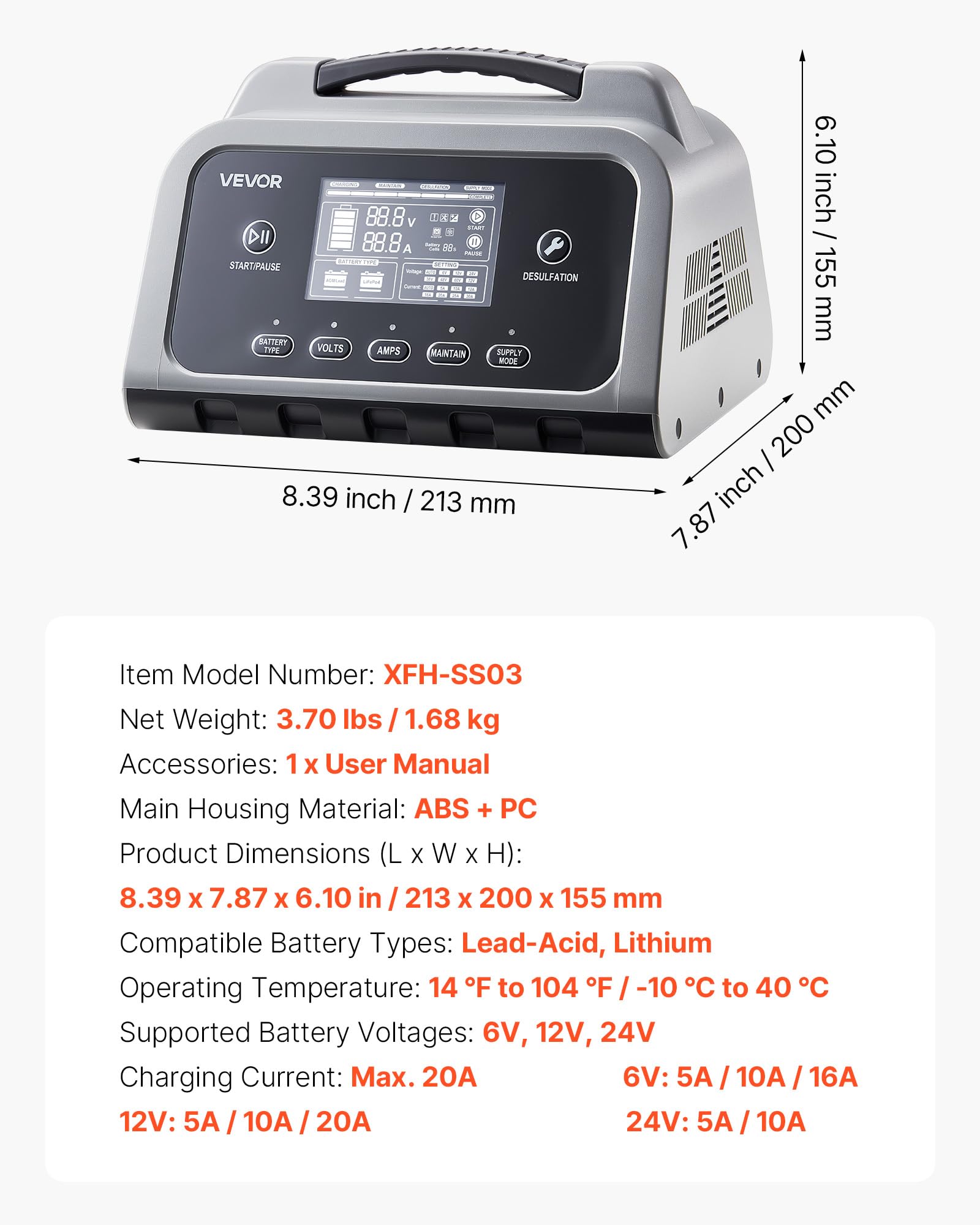 VEVOR Caricabatterie Intelligente Corrente max 20 A per Auto per Batterie al Litio LiFePO4 Piombo Acido 6/12/24 V, Caricabatterie per Moto Camper Barca Mantenitore di Carico Desolfatazione Schermo LCD