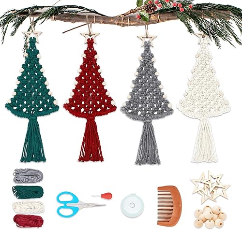 Kit de manualidades de macramé para árbol de Navidad, kit de 4 piezas de macramé para adultos principiantes con instrucciones (idioma español no