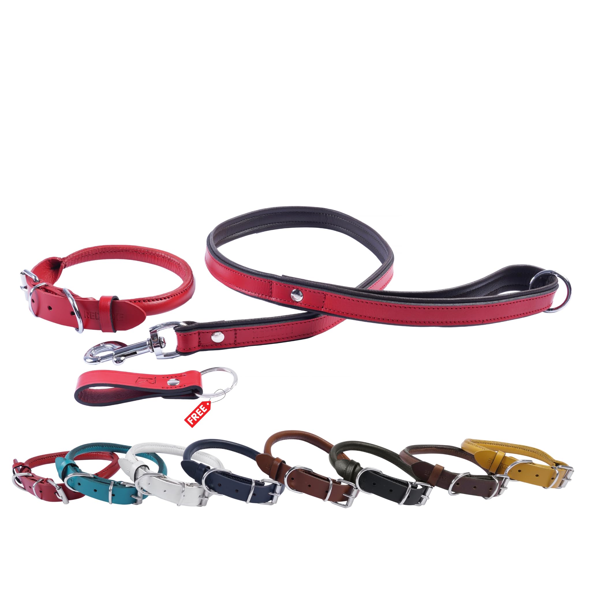 REDLUXE Premium Leather Dog Collar and Lead Set with Free Leather Keyring | Adjustable Padded Dog Collar | Strong Training Lead for Small, Medium & Large Dogs | Red (S)