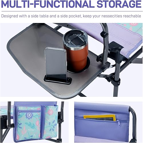 Miniatura 6 de EVER ADVANCED Silla de directores de camping con mesa auxiliar, plegable portátil con tamaño compacto, silla de césped resistente con bolsillo para