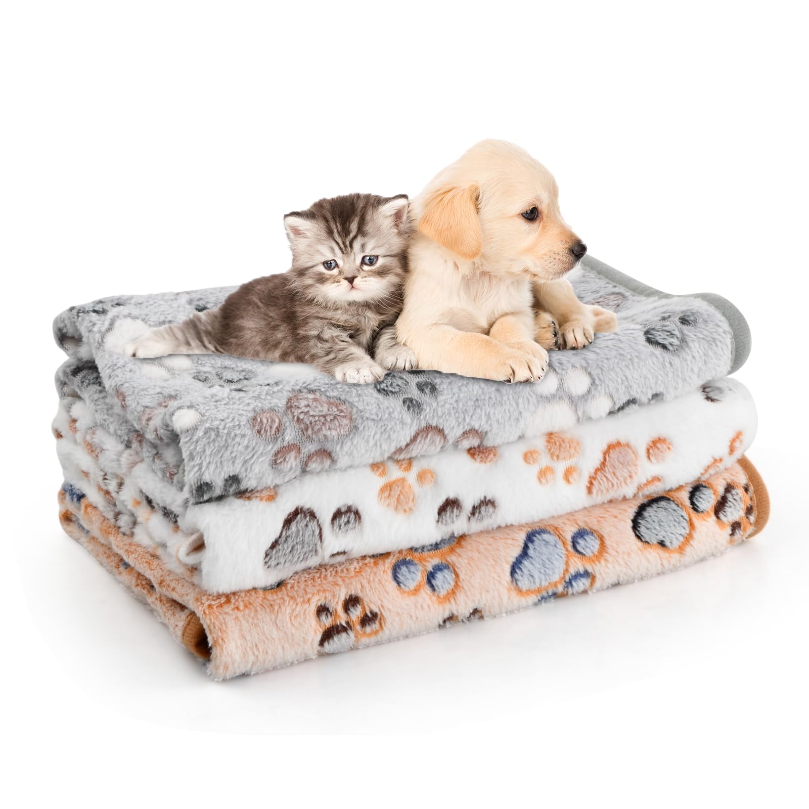 Couvertures pour Animaux 3Pcs, Couvertures pour Chien Chat Lavable, Couvertures pour Animal avec Imprimé Patte Couvertures en Flanelle Doux Chaud pour Petits Moyens Grand Chiots et Chatons, 52 x 76 cm
