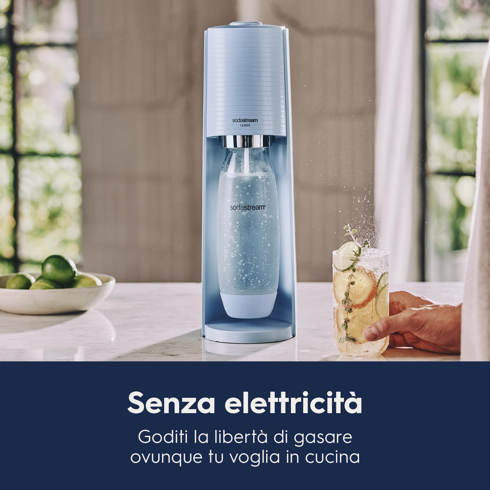 SodaStream Gasatore Terra - Macchina per acqua frizzante, con cilindro CO2 incluso e bottiglia lavabile in lavastoviglie, colore: Azzurro