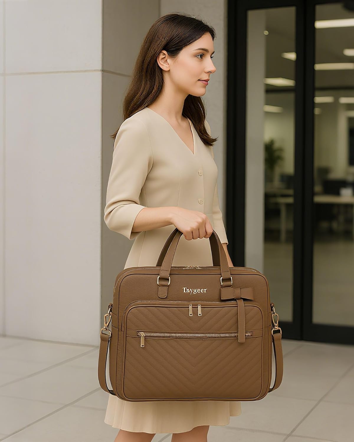 Taygeer Laptop Tote Bag for Women, Large Convertible Briefcase Backpack with USB Port, Waterproof Leather 17 inch Computer Work Bag, Professional Messenger Shoulder Handbag for Business Office, Brown - Image 2