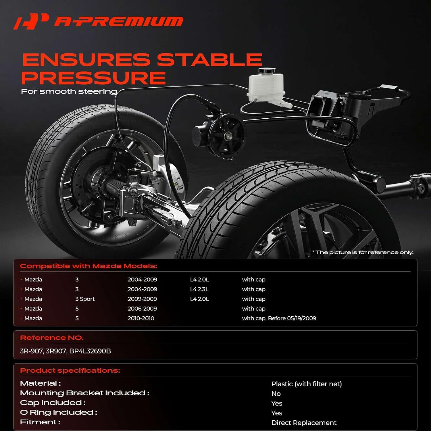 A-Premium Power Steering Reservoir/Tank with Cap Compatible with Mazda | for 3 2004-2009, 3 Sport 2009, 5 2006-2010, 2.0L 2.3L, Tight Seal, Clear Level Visibility, Stable Oil Supply