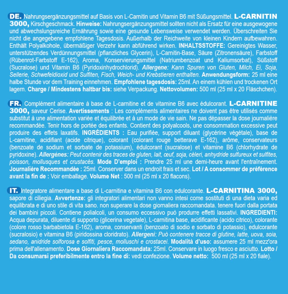 L Carnitina 3000 - L Carnitina Liquida 20 x 25 ml - Carnitina Liquida 3000 - Carnitina Liquida - L-Carnitina 3000 - L Carnitina Fiale - L Carnitina - l - Carnitina (20 unità da 25 ml) (Ciliegia)