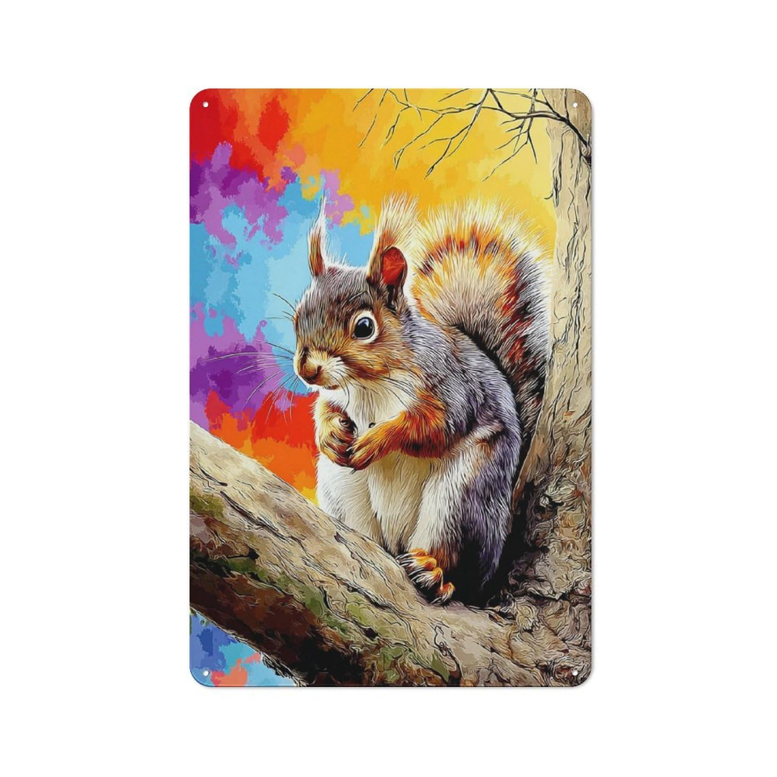 Junmoney Autumn Squirrel On Branch Classic Metal Plaque 30X20cm Featuring Bistro Wall Plaque For Kitchen, Cafe, Pantry Or Dining Room