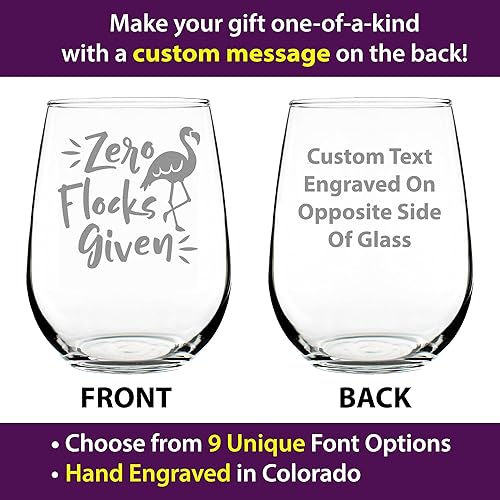 Miniatura 7 de Zero Flocks Given  Cute Funny Flamingo Stemless Wine Glass, Large 17 Ounce, Etched Sayings, Gift Box