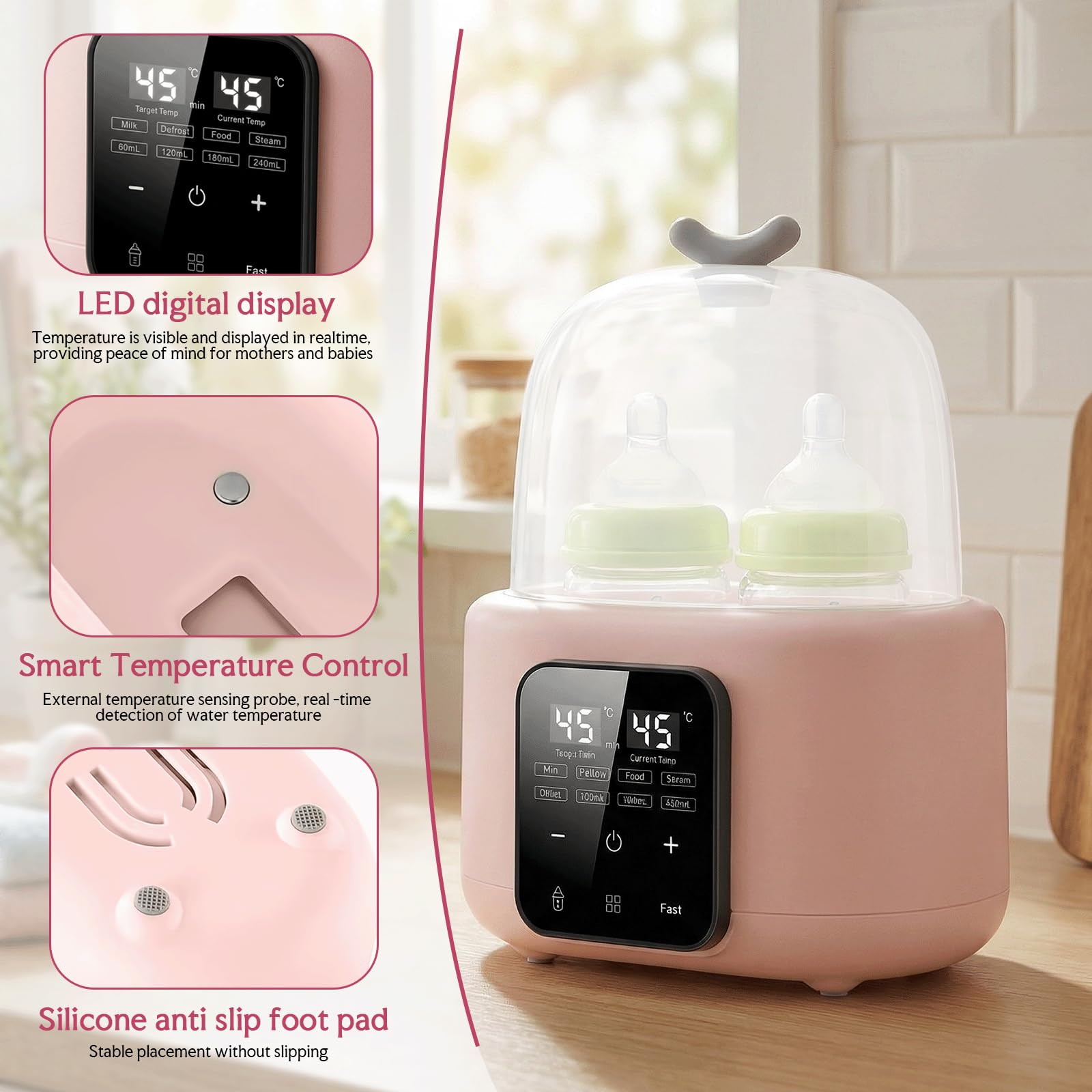 6 in 1 Flaschenwärmer Baby, Sterilisator für Babyflasche, Flaschenwärmer, Babyflaschen Wärmer, Vaporisator für Babyflasche, Babykostwärmer mit Flaschenbürste und Clip (Rosa)