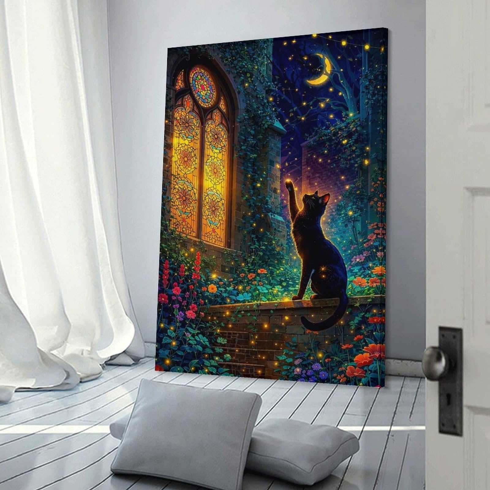Junmoney Frame-Style-18 Black Cat Reaching For Stars Canvas Wall Decor 20X30inch(50X75cm), For Workspace Walls, Study Corners Or Bedrooms, Decorative Artwork For Productive Spaces
