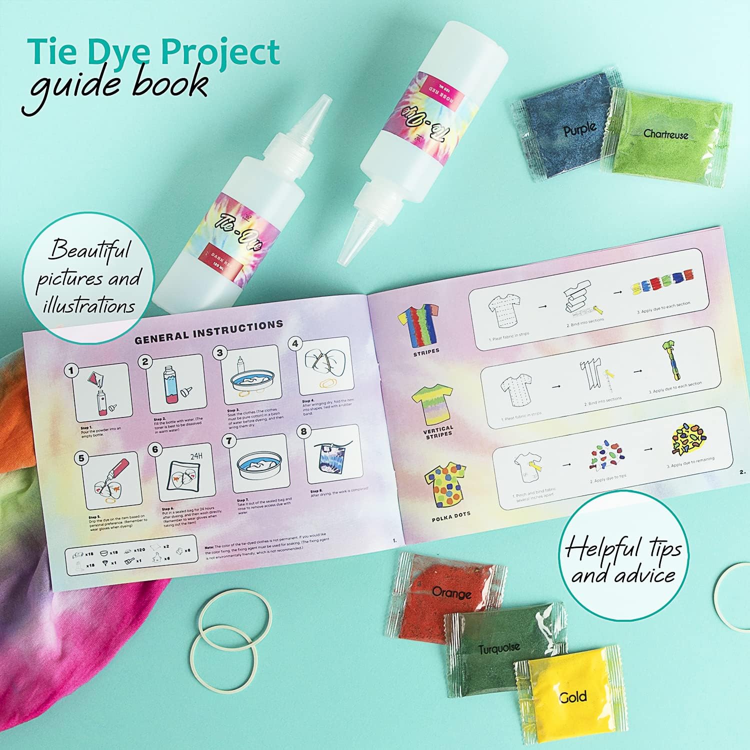 CraftBud Tie Dye Kit for Kids & Adults, 200 Pieces - Includes 3 Unisex Adult T-shirts – Small, Medium, & Large, 18 Colors, Guide Book & Much More- Tie Dye Kit for Large Groups & for Outdoor Activities