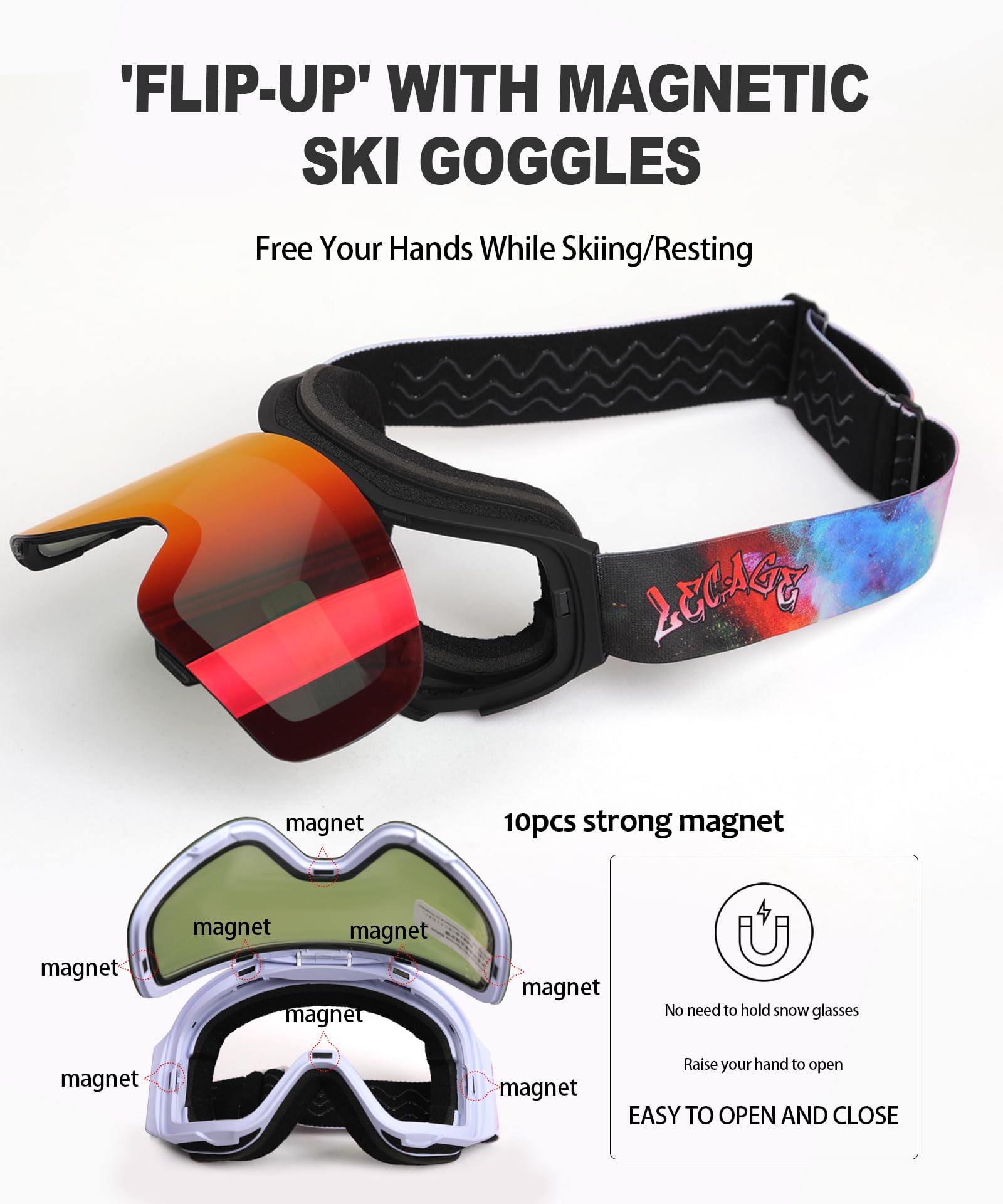 Lunettes de ski modulables sans monture avec lentille magnétique interchangeable, protection UV anti-buée pour homme et femme