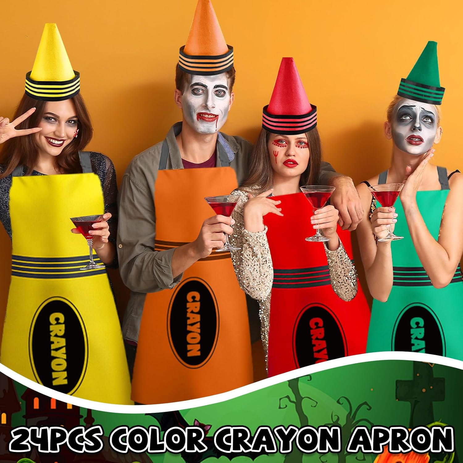 24Pcs Crayon Costume Color Crayon Apron Halloween Group Crayon Costume Set Funny Gnome Cone Hats and Thigh High Socks for Adults Family Men Women Fancy Dress Funny Outfit for Cosplay School Dress Up