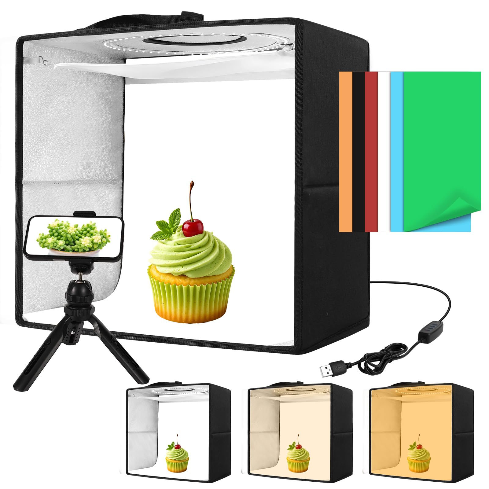 Light Box with Tripod, 12/16/20/24/32 Inch Lightbox with CRI>95 120 White Warm LED Light Beads. Portable Photo Light Box with 6 Colors PVC Backdrops. Dimmable Shooting Tent Kit for Studio Photography