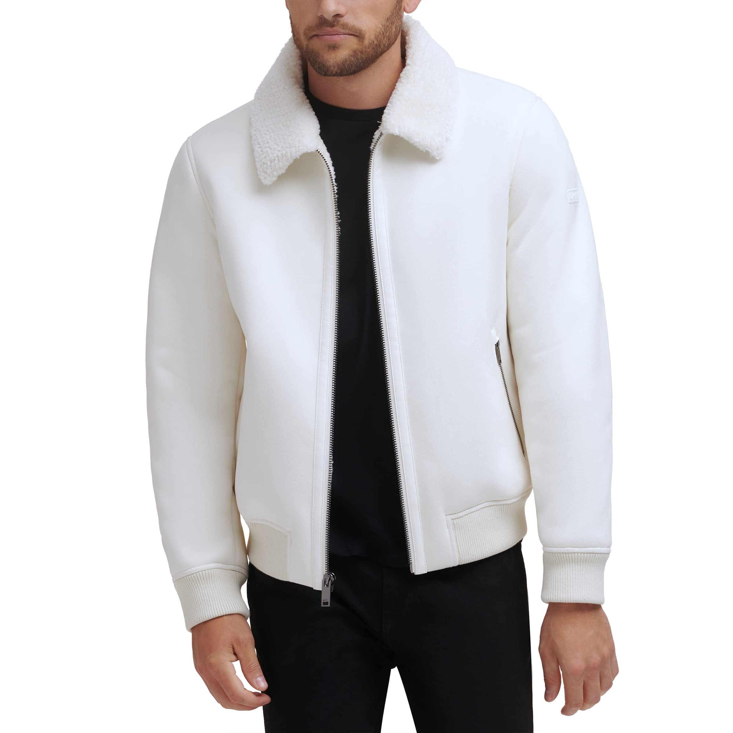 DKNY mens Faux Shearling Bomber Jacket With Faux Fur Collar