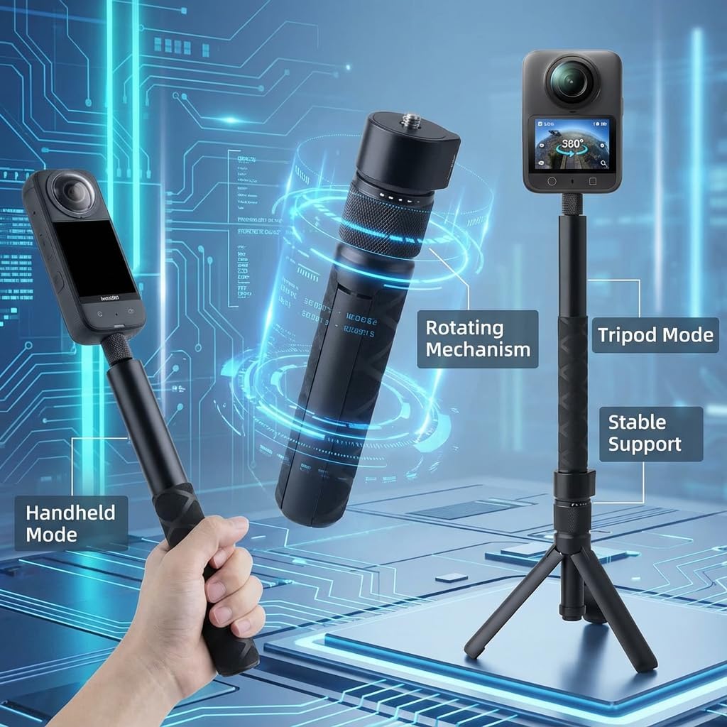 Bullet Time Handle Tripod Rotating Grip with Invisible Selfie Stick, for Insta360 X5/X4, DJI OSMO Pocket 3, GoPro, 1/4" Thread, 6 lbs Load Capacity, 47 Inch Compact Selfie Stick & Tabletop Tripod