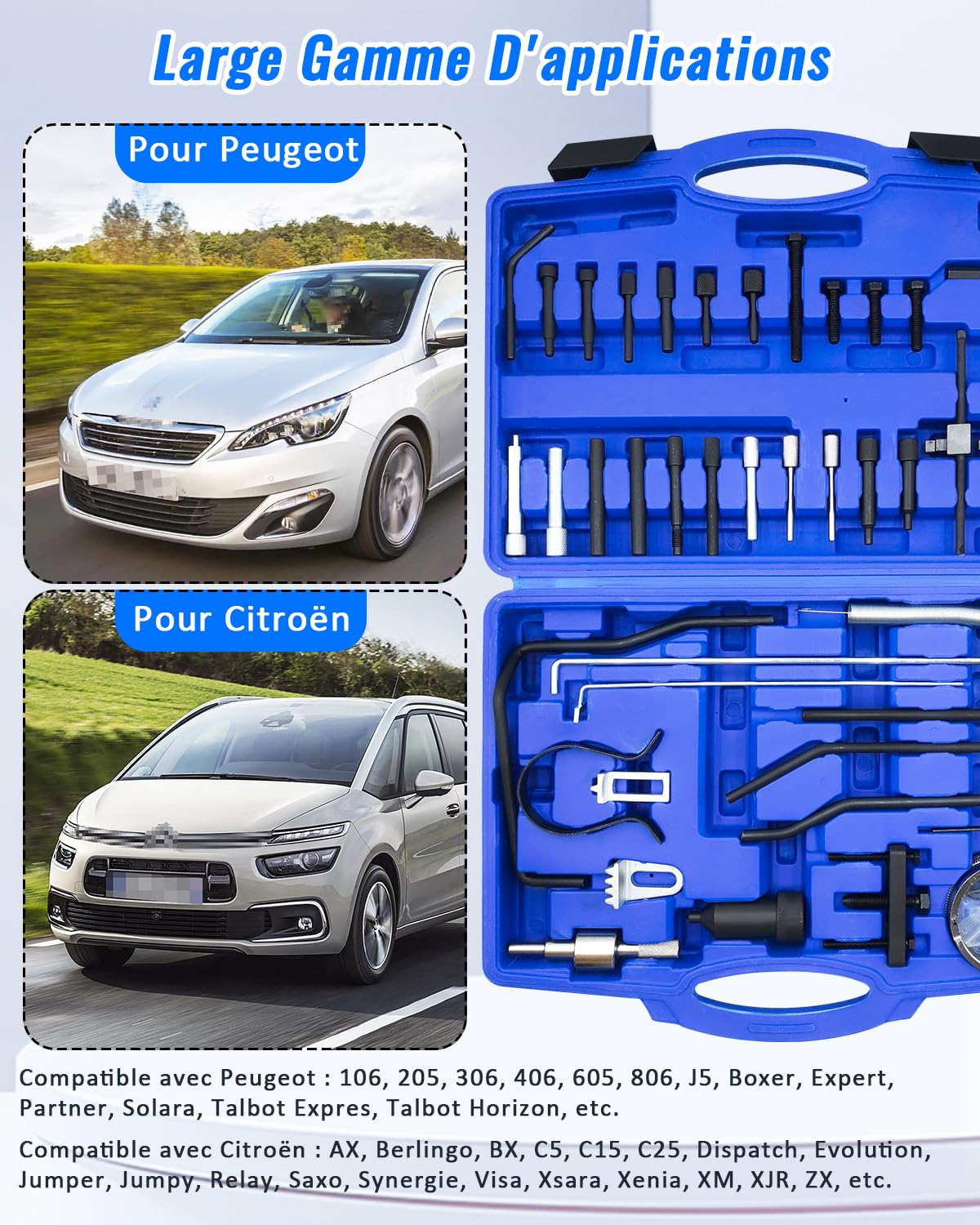 Kit d'Outils de Réglage Calage Moteur, Jeu d'Outils de Blocage et de Réglage d'arbre à Cames et de Vilebrequin Compatible avec Peugeot, Citroen, Moteurs Diesel & Essence PSA Dual TDI HDI PSA